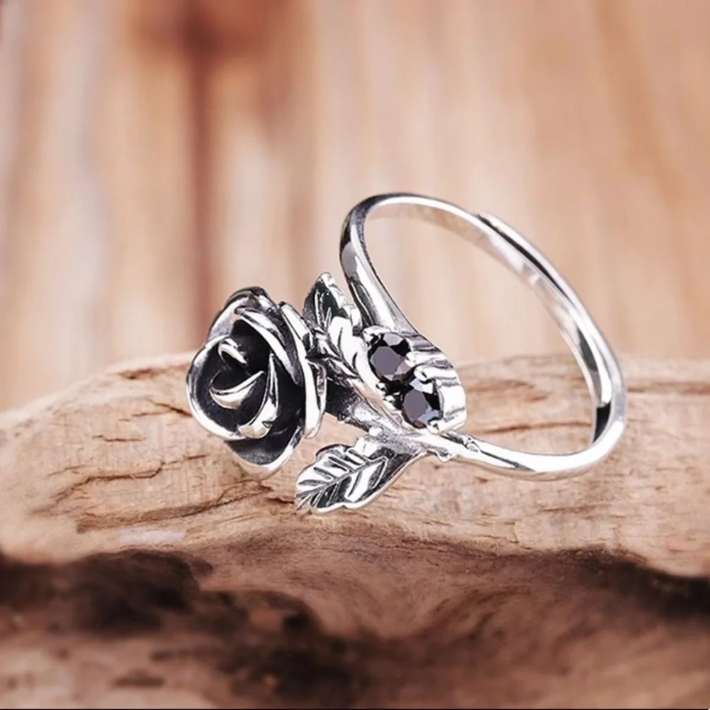 STERLING SILVER ROSE AND BLACK CZ RING - Picture 3 of 11